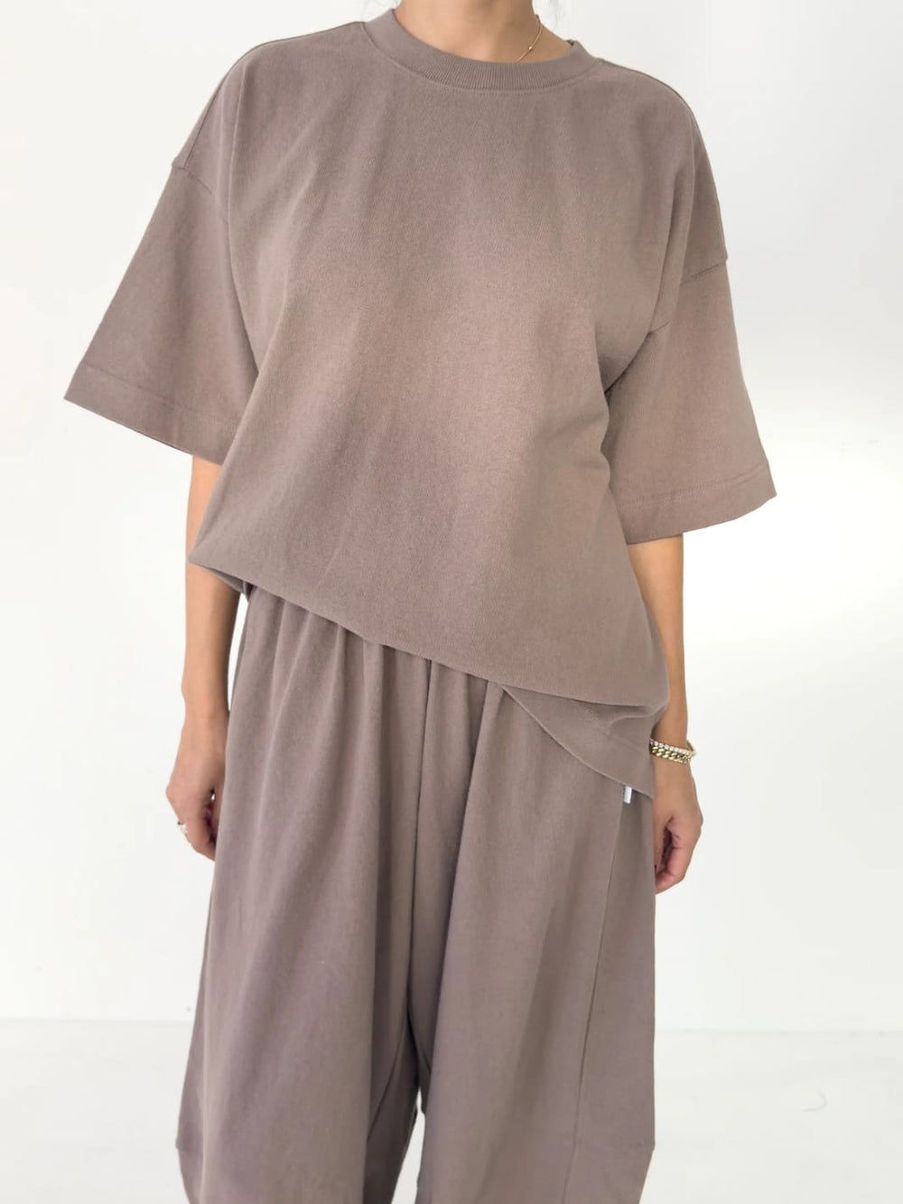 Person wearing brown 'Jayden Tee' t-shirt in 'Mushroom' from Le Bon Shoppe with matching brown pants on a white background | Twentyseven Toronto