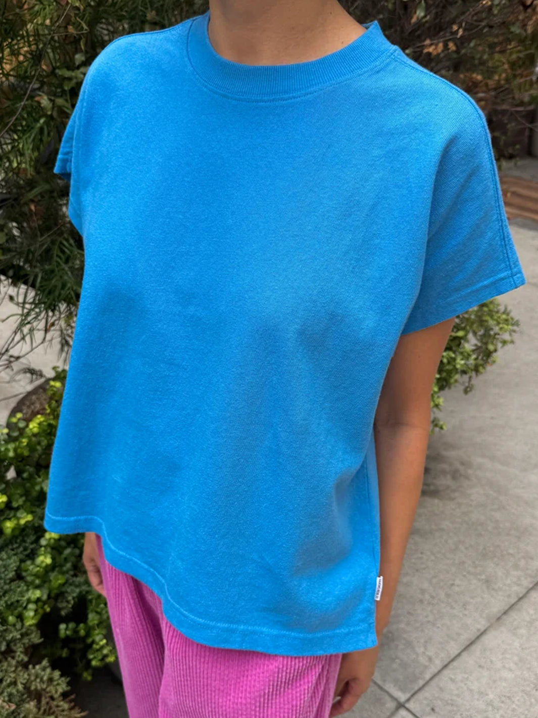 Front view of model wearing the Le Bon Shoppe Jeanne Tee in French Blue | Twentyseven Toronto