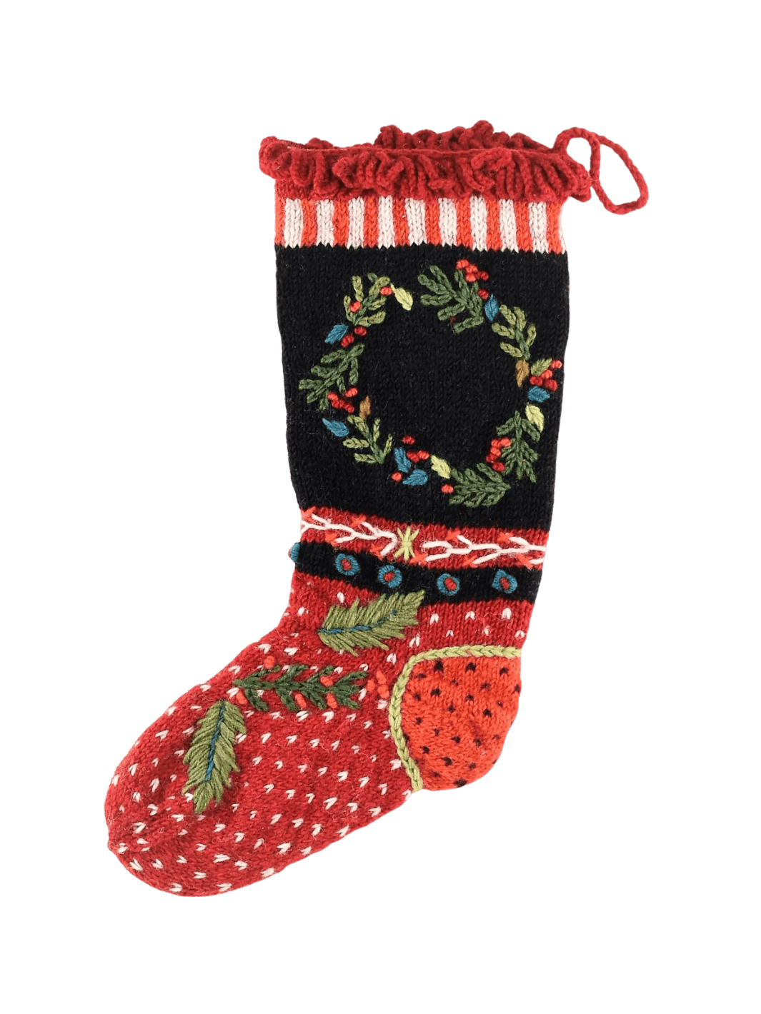 Lost Horizons Canada Wreath Christmas Stocking – Embroidered Holiday Knit | Twentyseven Toronto
