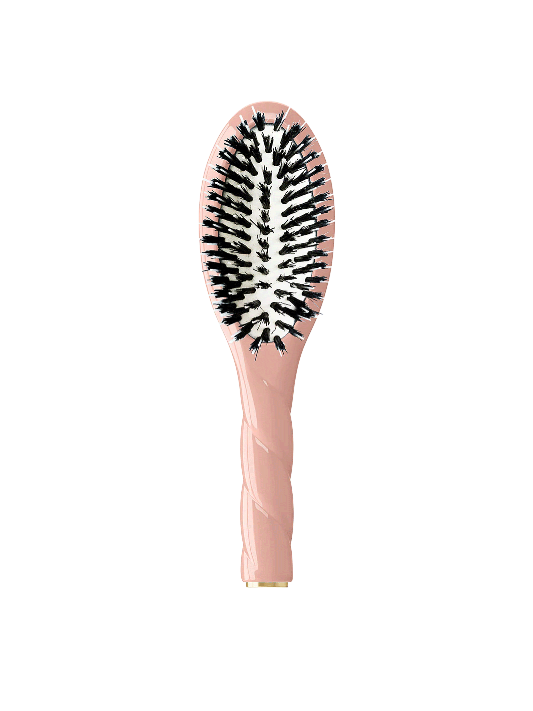 Front view of La Bonne Brosse N.02 Small The Essential Detangling & Conditioning Brush in Lilac Pink featuring a twisted ergonomic handle and natural boar bristles | Twentyseven Toronto