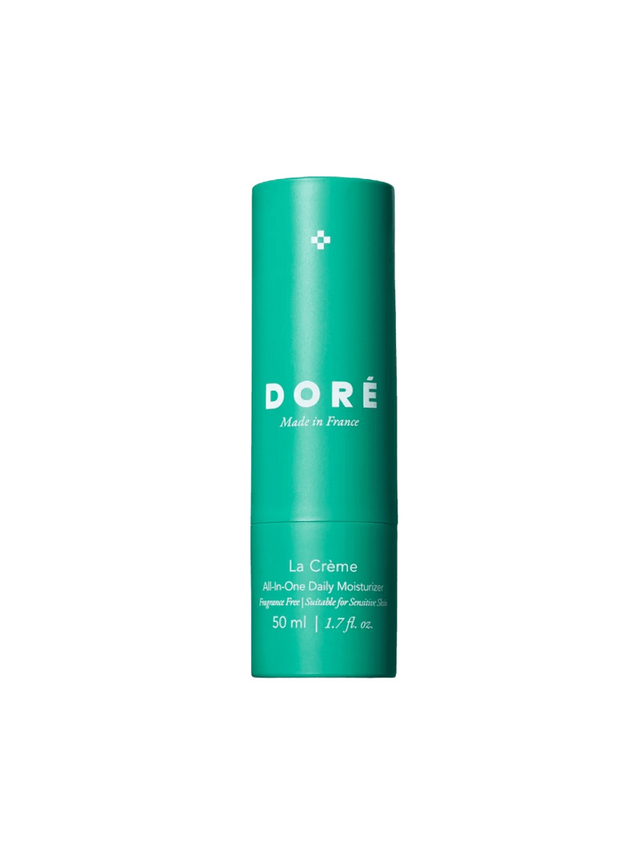 Teal bottle of Doré Skincare labeled 'La Crème All-in-One Daily Moisturizer' 50ml on a transparent background | Twentyseven Toronto
