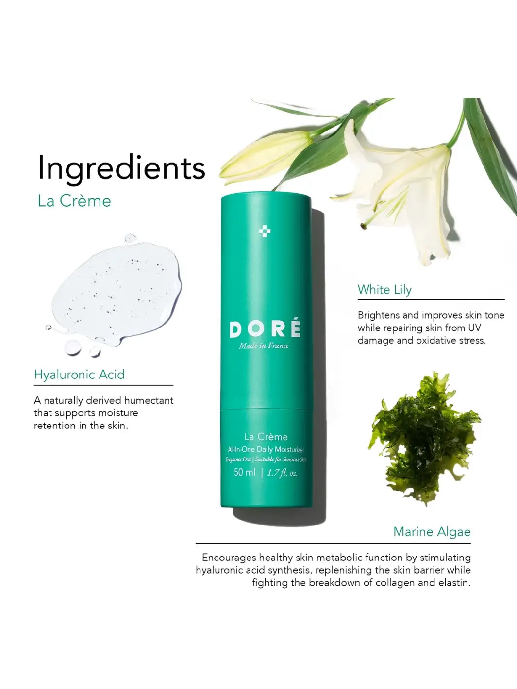 Doré Skincare listing ingredient benefits of 'La Crème All-in-One Daily Moisturizer' on a white background | Twentyseven Toronto