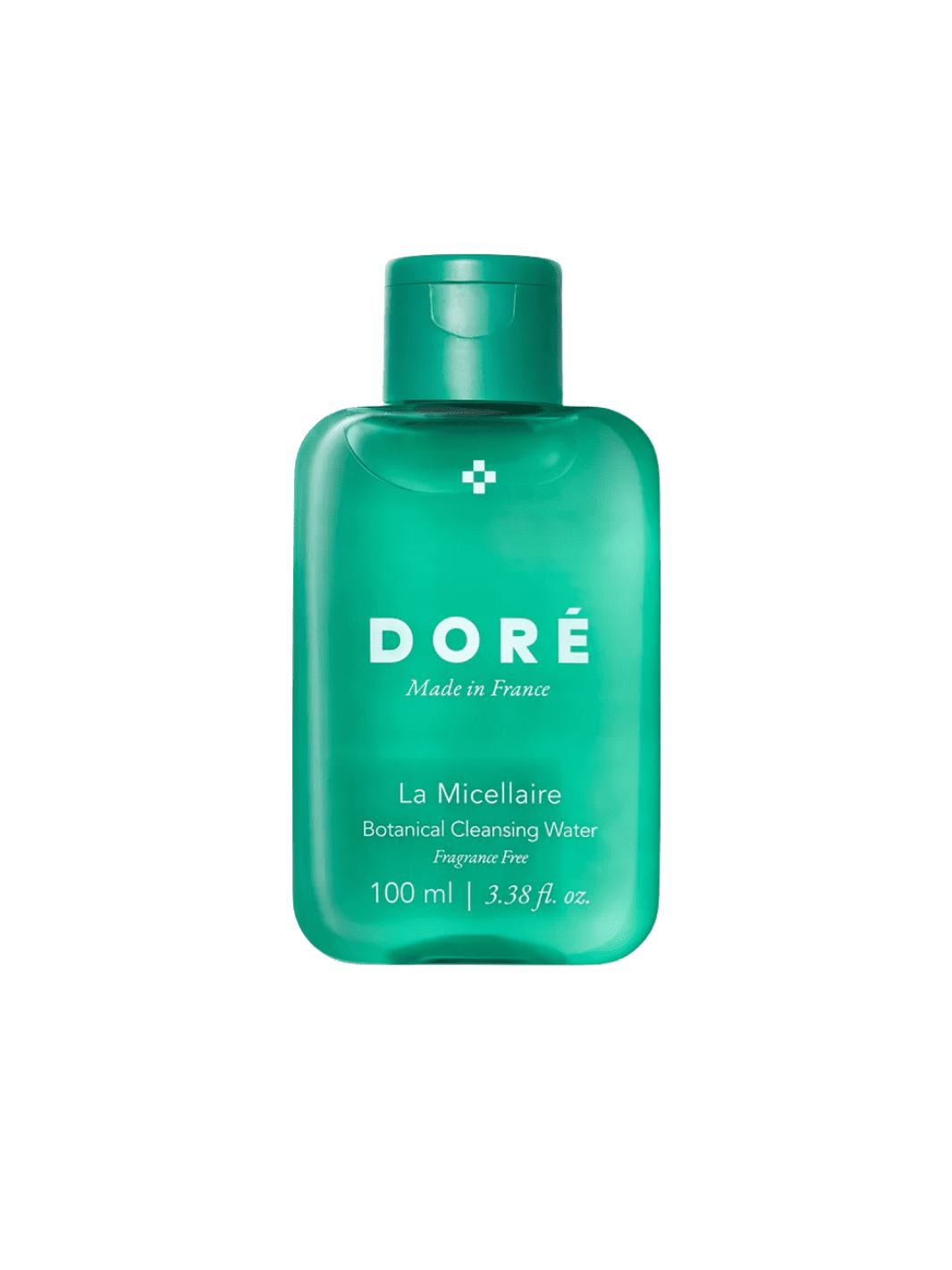 Green 100ml bottle of Doré Skincare La Micellaire Botanical Cleansing Water on a transparent background | Twentyseven Toronto