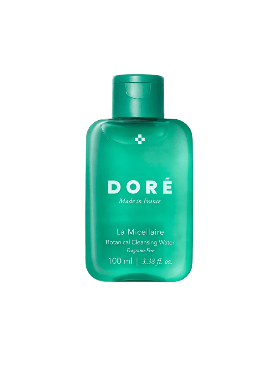 Green 100ml bottle of Doré Skincare La Micellaire Botanical Cleansing Water on a transparent background | Twentyseven Toronto