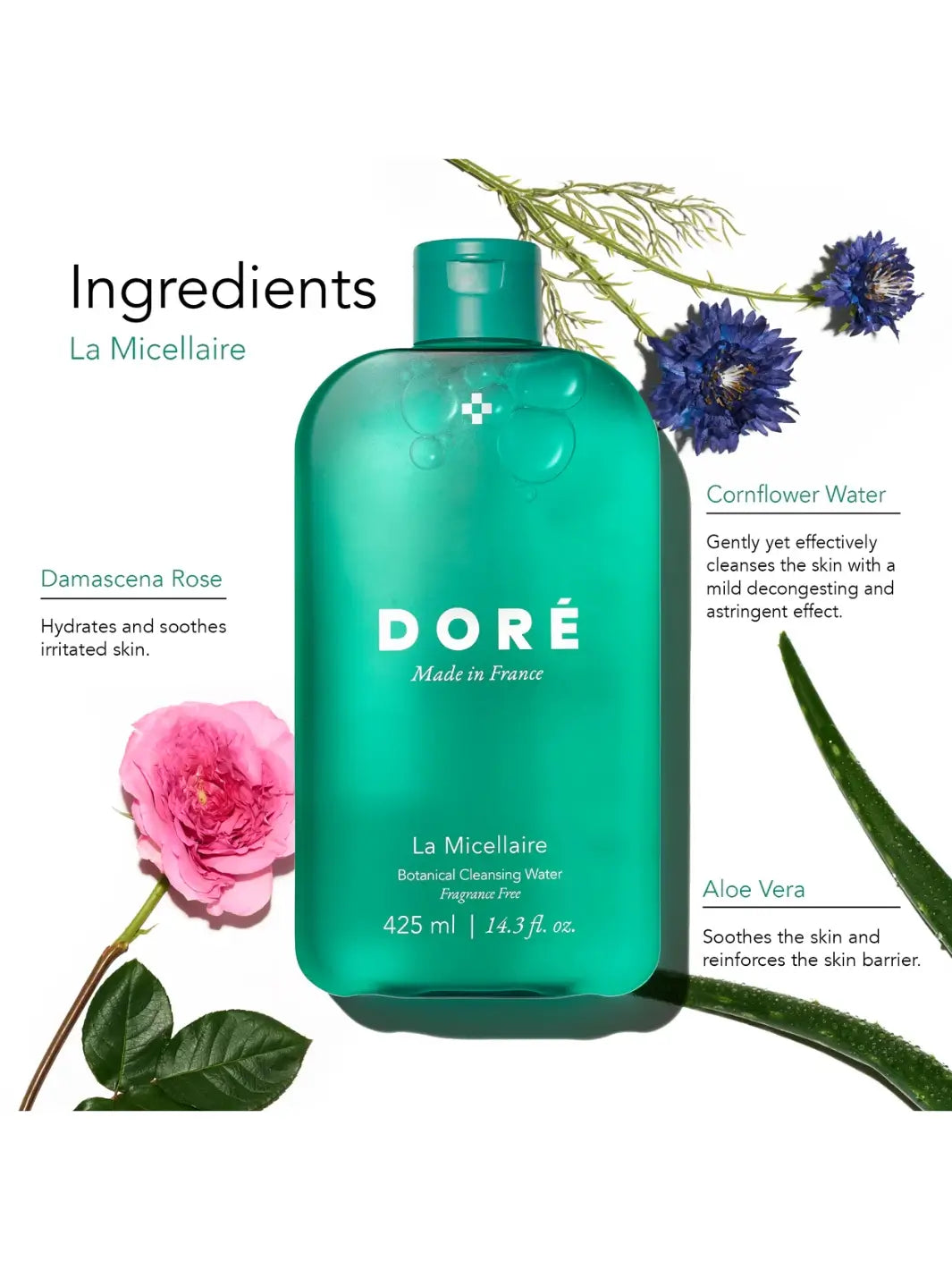 Green bottle of Doré La Micellaire Botanical Cleansing Water with flowers and text detailing ingredient benefits on a white background | Twentyseven Toronto