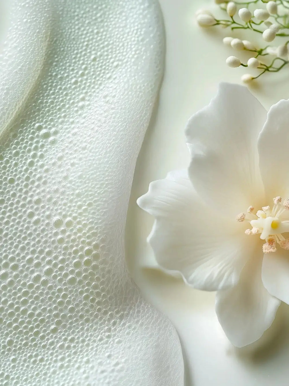 Close-up of a white flower and a Leonor Greyl 'Lait Luminescence Biphase' texture swatch | Twentyseven Toronto