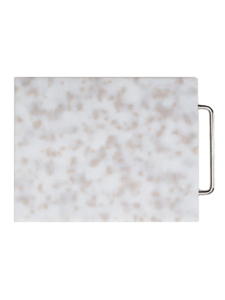 Fredericks and Mae Large Gray/White Cutting Board featuring a gray and white confetti-like pattern and a sleek metal handle | Twentyseven Toronto