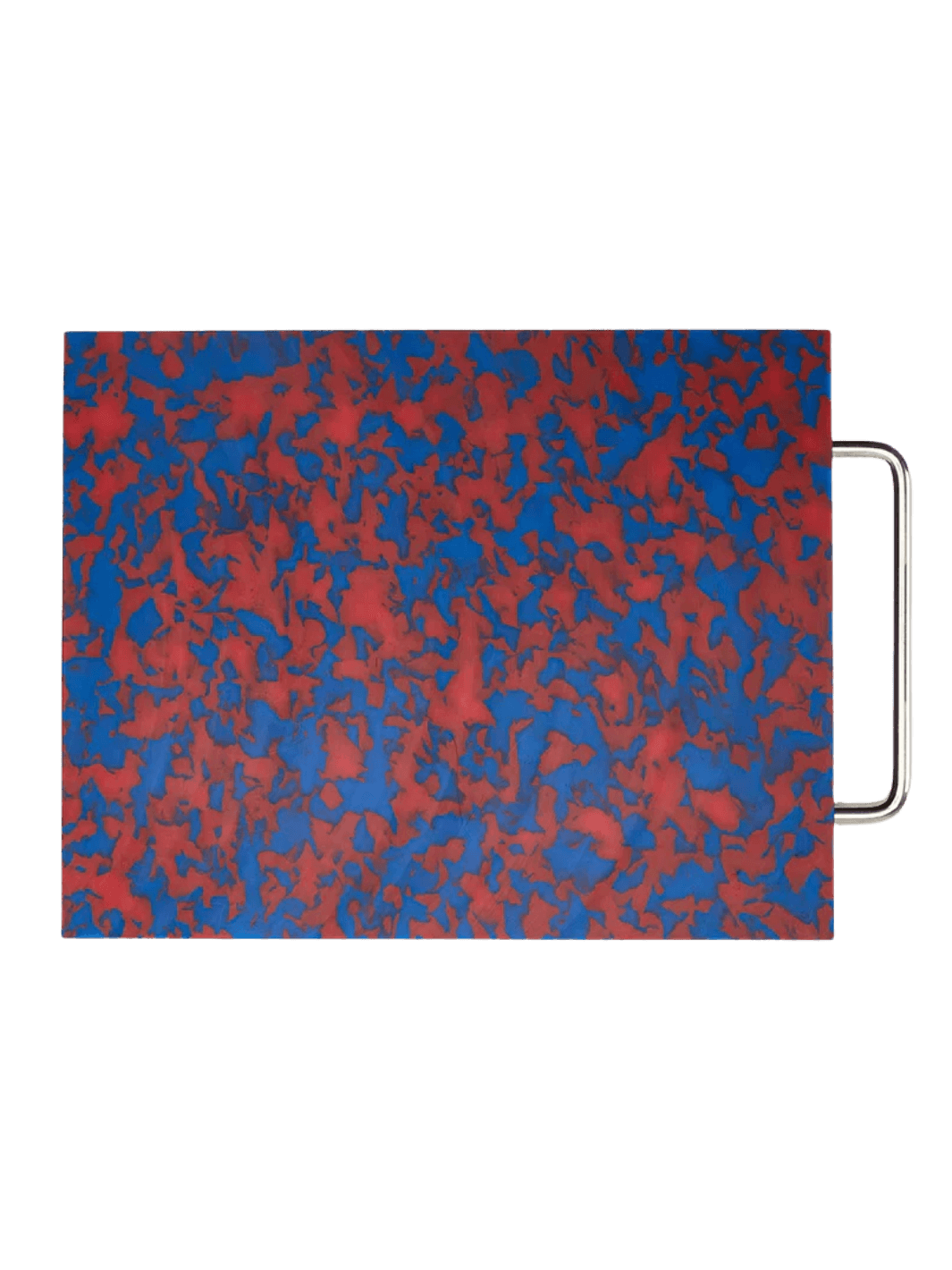 Fredericks and Mae Large Red/Blue Cutting Board showcasing its vibrant, marbled camouflage pattern and sleek silver metal handle | Twentyseven Toronto