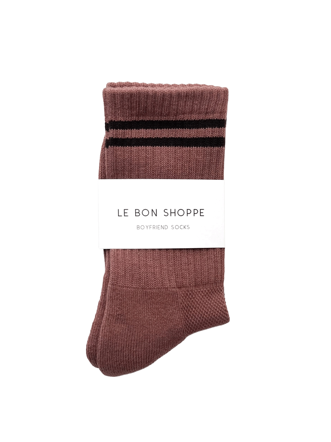 Le Bon Shoppe Boyfriend Socks in Clay with dark contrast stripes and branded packaging | Twentyseven Toronto