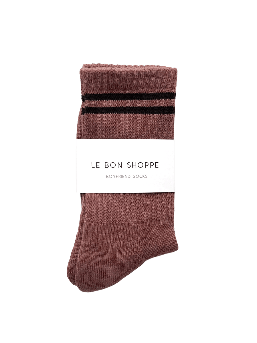 Le Bon Shoppe Boyfriend Socks in Clay with dark contrast stripes and branded packaging | Twentyseven Toronto