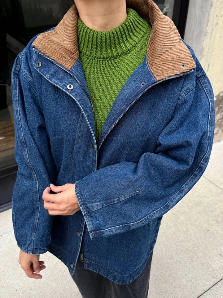 Close-up of the Le Bon Shoppe Blair Denim Jacket showing its brown corduroy collar, zip-and-snap closure, and wide barrel sleeve | Twentyseven Toronto