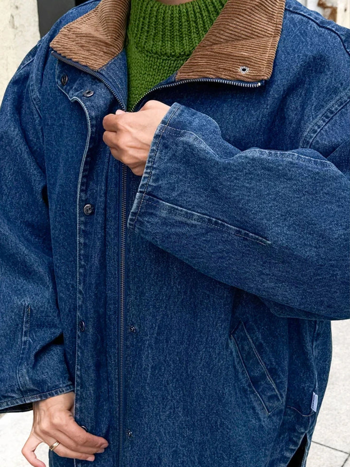 Le Bon Shoppe Blair Denim Jacket styled open over a green knit sweater, showing its oversized fit and corduroy collar | Twentyseven Toronto