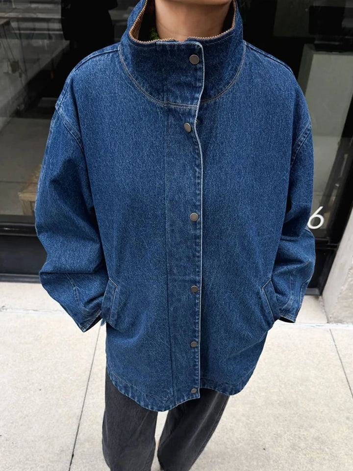 Le Bon Shoppe Blair Denim Jacket worn fully snapped, featuring a high collar, relaxed silhouette, and front pockets | Twentyseven Toronto