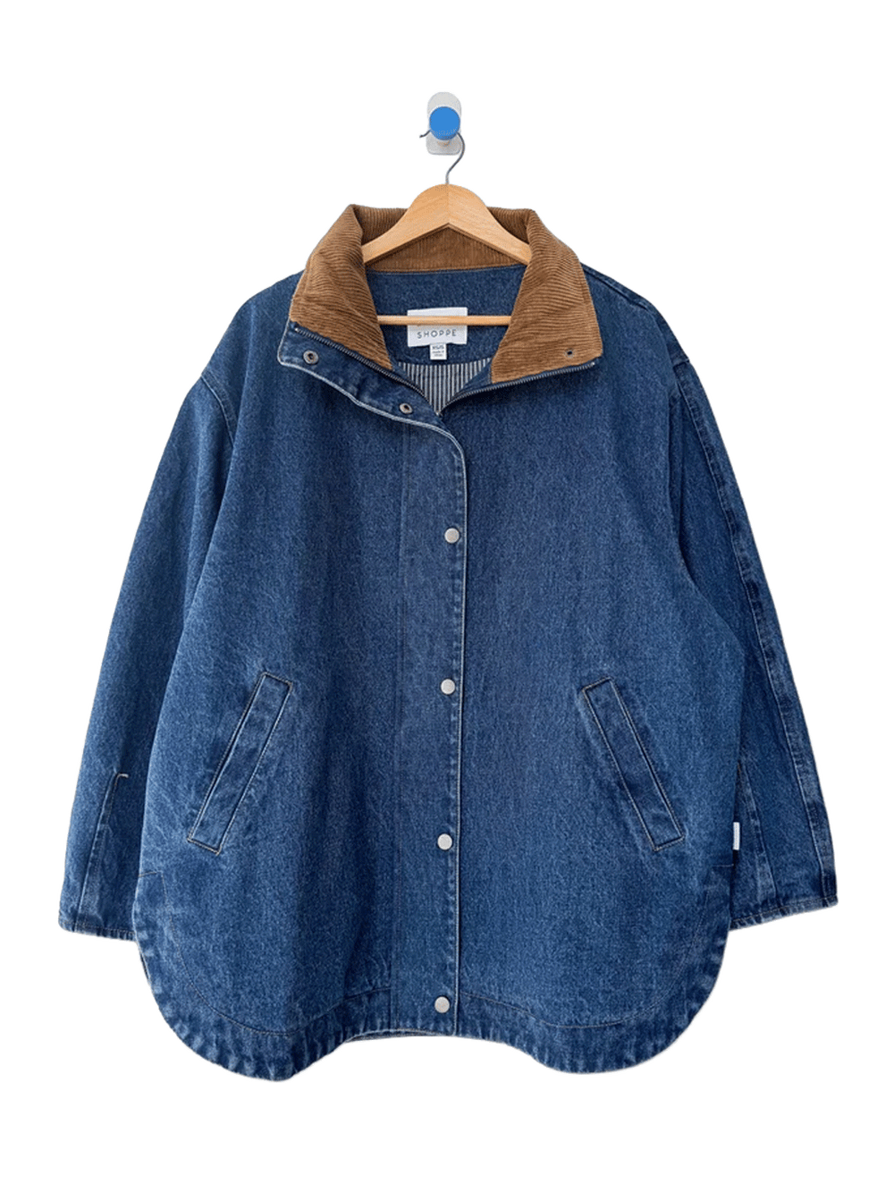 Le Bon Shoppe Blair Jacket with an oversized silhouette, brown corduroy collar, snap front, and side pockets | Twentyseven Toronto