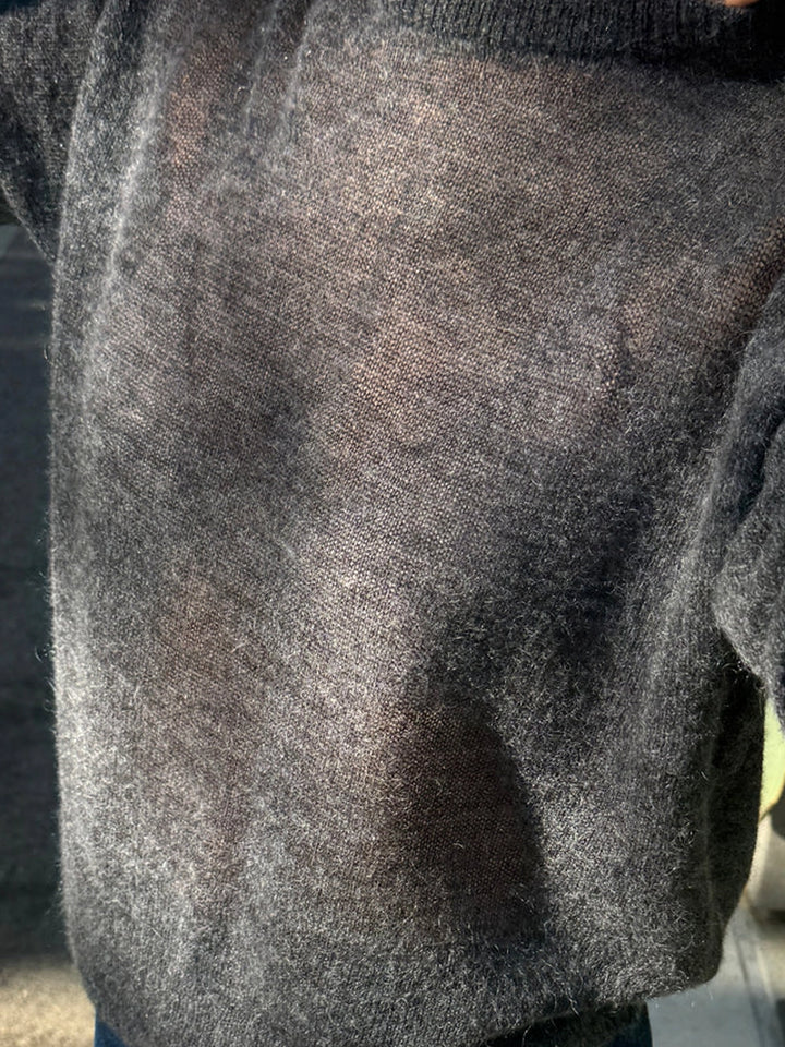 Close-up of the Le Bon Shoppe Cecile Crew Neck Mohair Sweater in Charcoal highlighting its delicate sheer knit texture and airy finish | Twentyseven Toronto