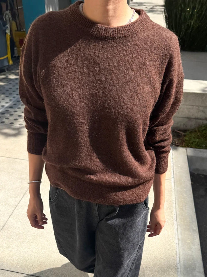 Le Bon Shoppe Cecile Crew Neck Mohair Sweater in Espresso styled with dark grey jeans in an effortless relaxed fit | Twentyseven Toronto