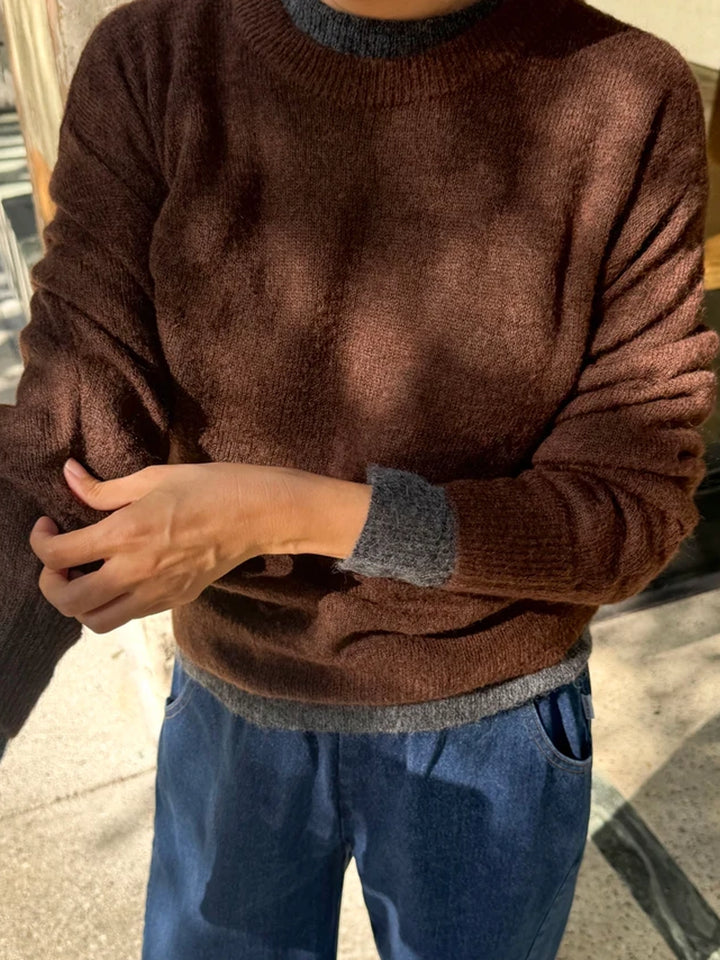 Le Bon Shoppe Cecile Crew Neck Mohair Sweater in Espresso layered over a grey knit and styled with blue jeans | Twentyseven Toronto