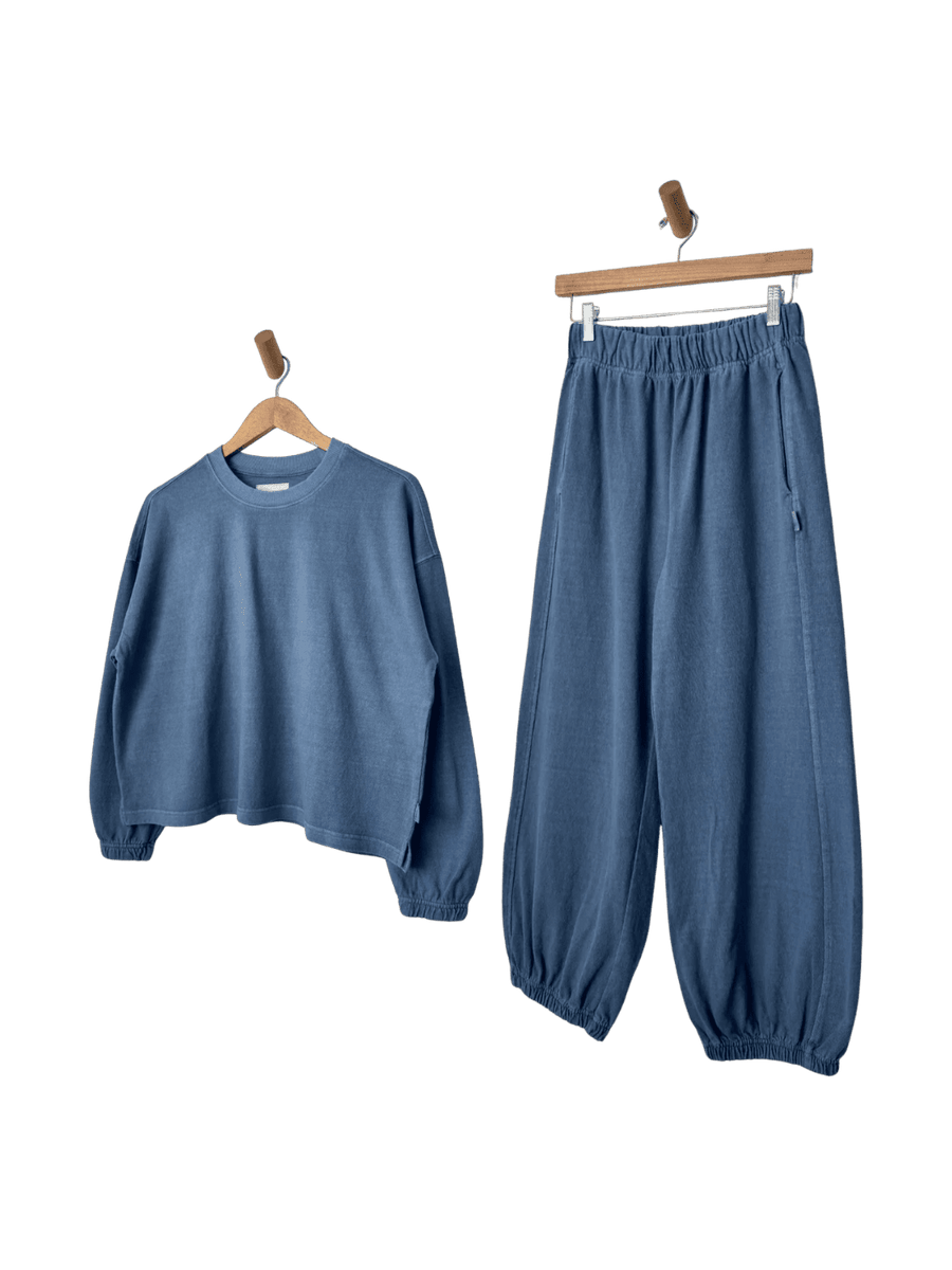 Blue Le Bon Shoppe 'Naturelle Tee' sweatshirt and 'Balloon Pants' in 'Cornflower' set on hangers | Twentyseven Toronto
