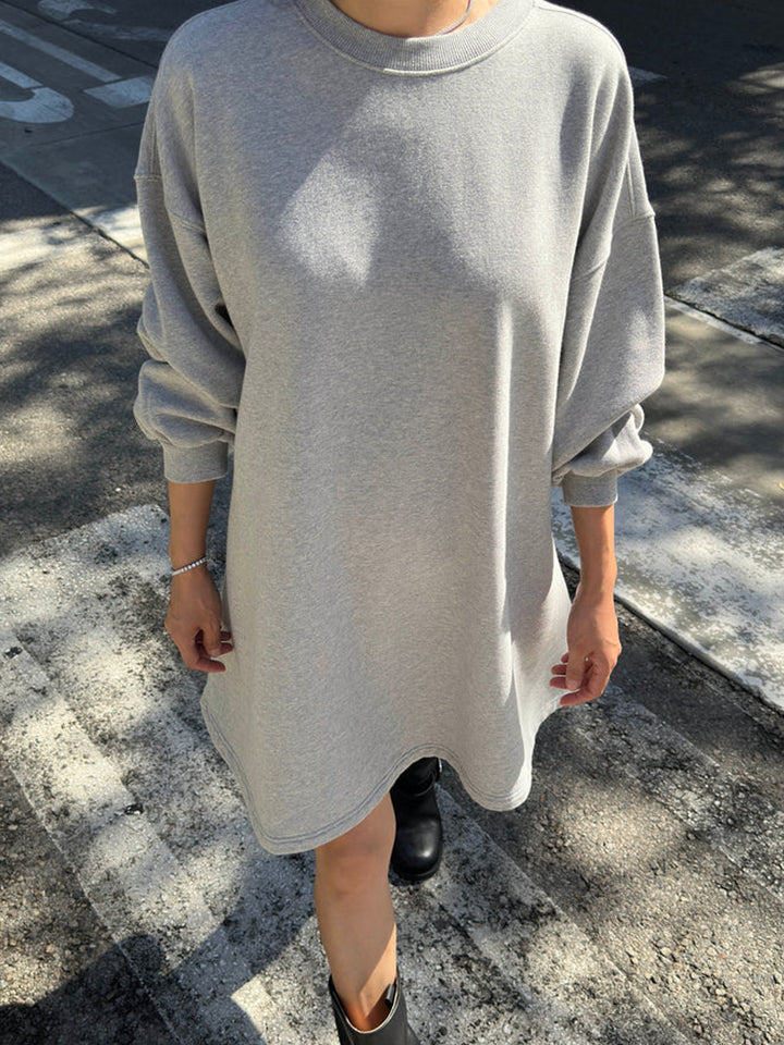Le Bon Shoppe French Terry Swing Dress in Grey Melange worn outdoors, front view | Twentyseven Toronto
