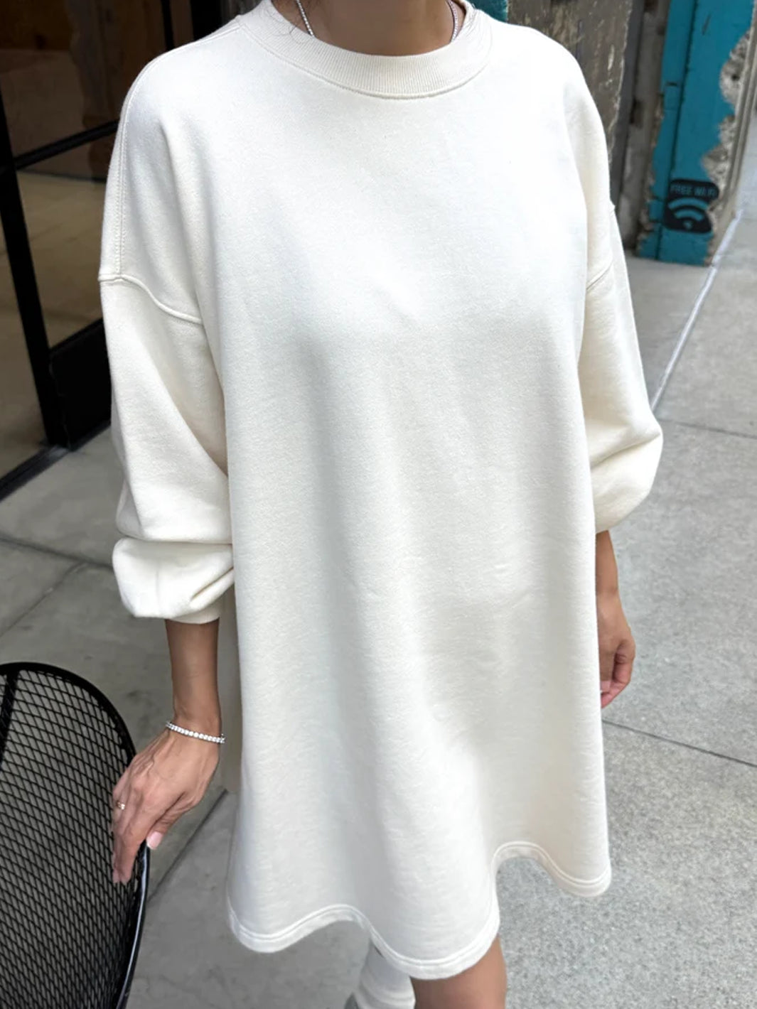 Le Bon Shoppe French Terry Swing Dress in Natural worn with crew neckline and A-line silhouette | Twentyseven Toronto
