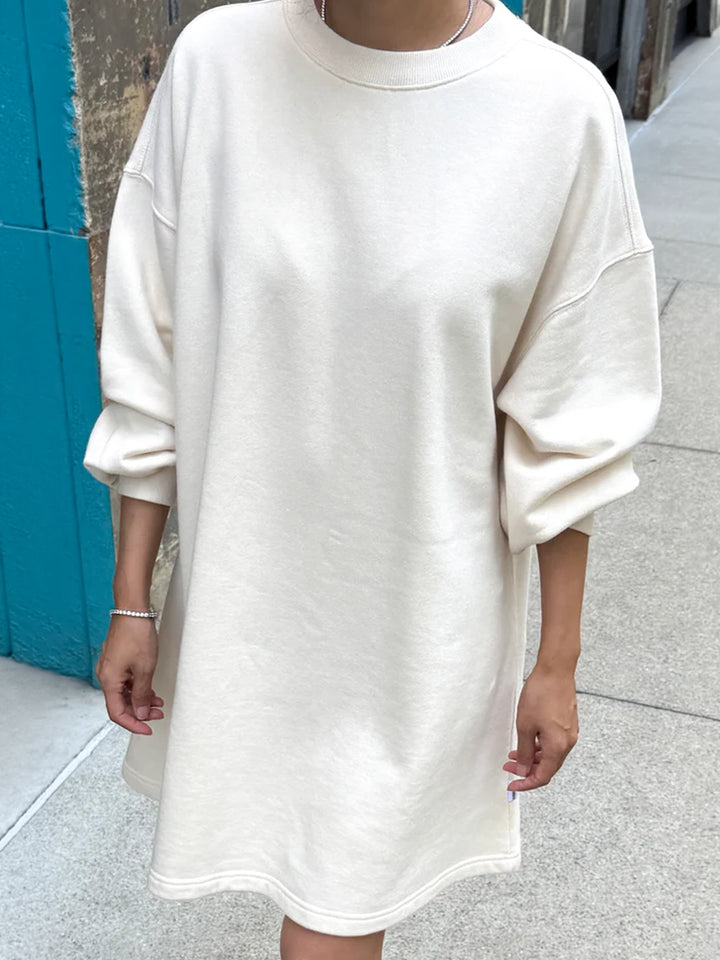 Le Bon Shoppe French Terry Swing Dress in Natural worn with relaxed balloon sleeves, front view  Twentyseven Toronto