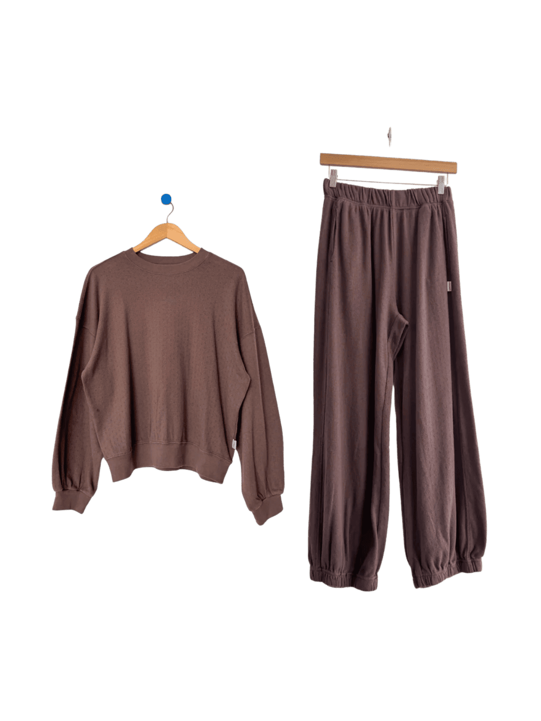 Brown Le Bon Shoppe 'Pointelle Core Sweatshirt' and 'Pointelle Balloon Pants' set in 'Chocolate' on hangers | Twentyseven Toronto