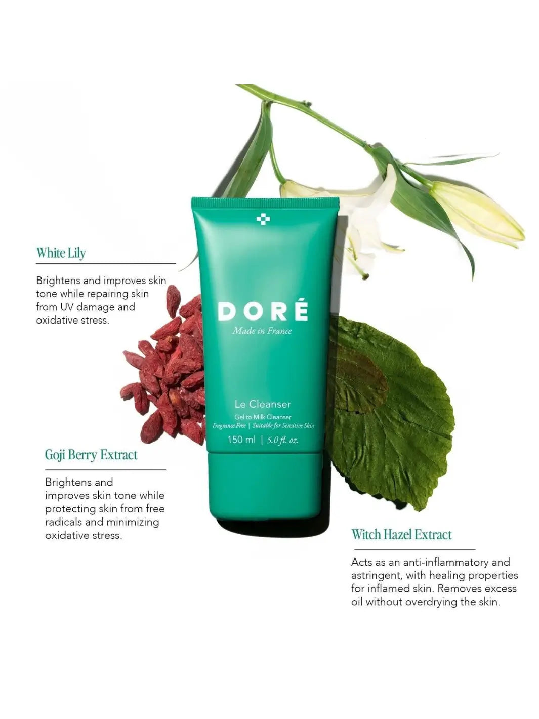 Doré Skincare facial cleanser with ingredients like white lily, goji berry, and witch hazel detailing benefits on a white background | Twentyseven Toronto
