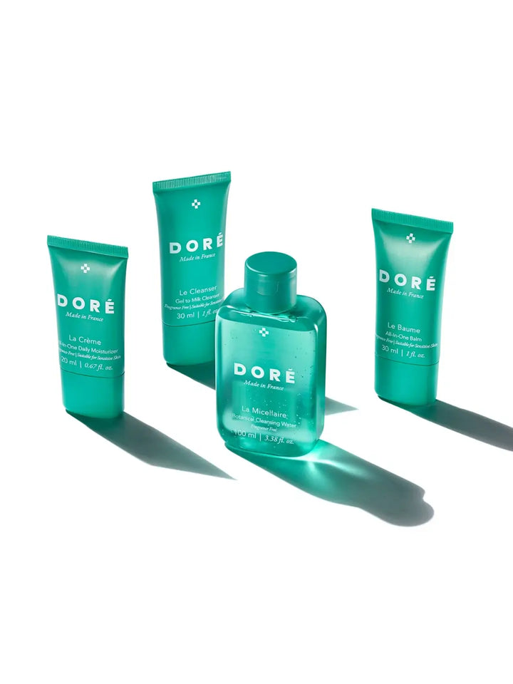 Set of 4 green Doré Skincare products against a white background | Twentyseven Toronto