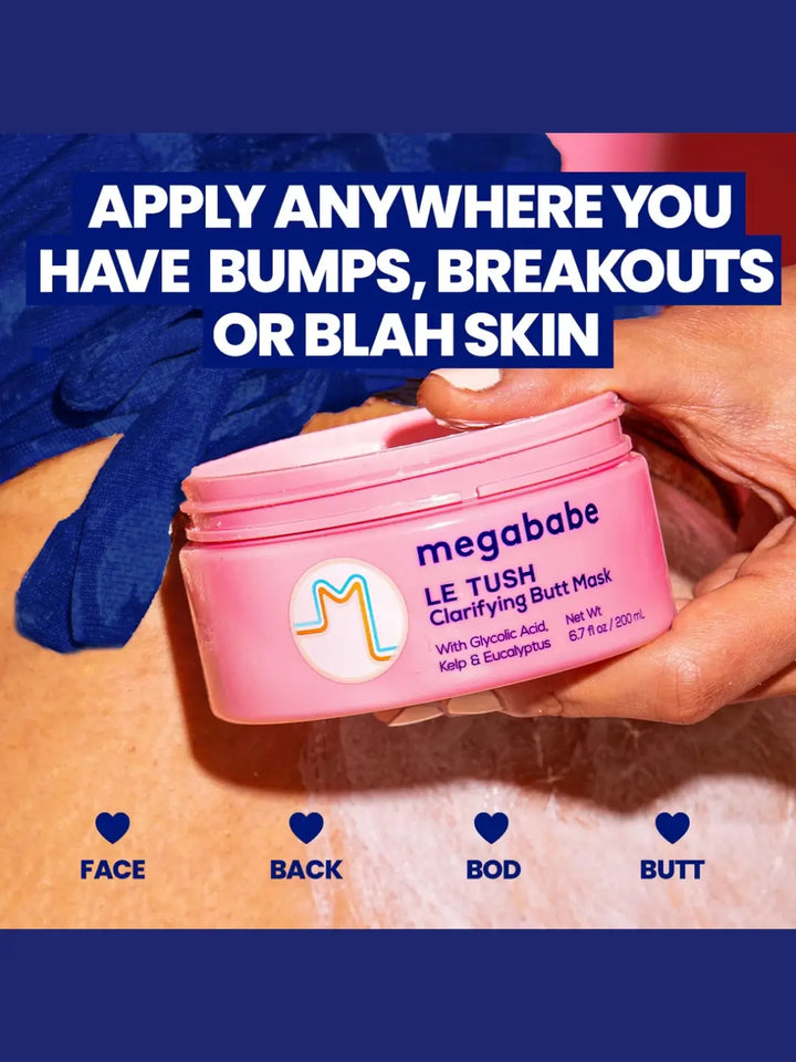A hand holds a pink jar of Megababe Le Tush Butt Mask against a body with applied white cream, highlighting that it can be used on the face, back, body, and butt | Twentyseven Toronto