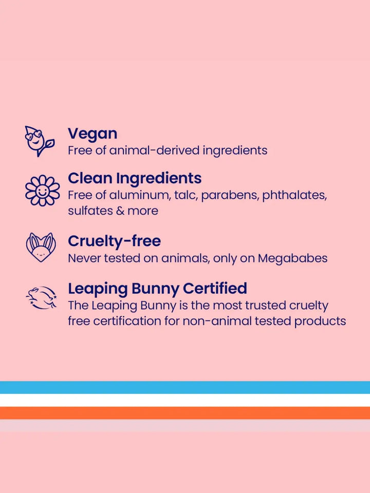 A light pink graphic lists the ethical certifications and product claims for Megababe Le Tush Butt Mask, detailing that the formula is vegan, clean, cruelty-free, and Leaping Bunny certified | Twentyseven Toronto
