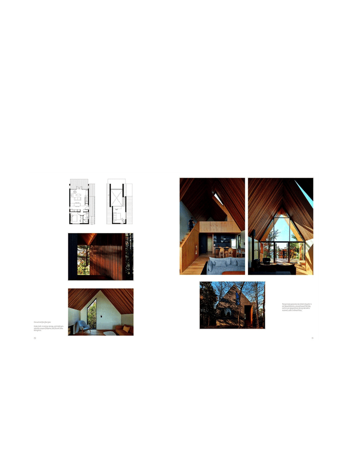A wide, mostly white page layout featuring several small architectural and interior design photos, two black-and-white floor plans, a window view, and a bedroom scene, with small blocks of text and page numbers | Twentyseven Toronto