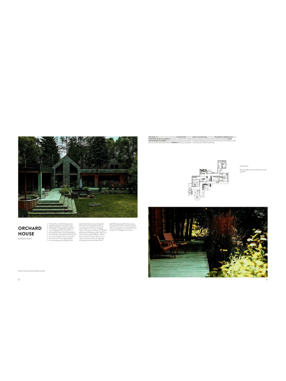 A printed architectural publication spread showing a house photograph, floor plan, and another outdoor scene on a white page | Twentyseven Toronto