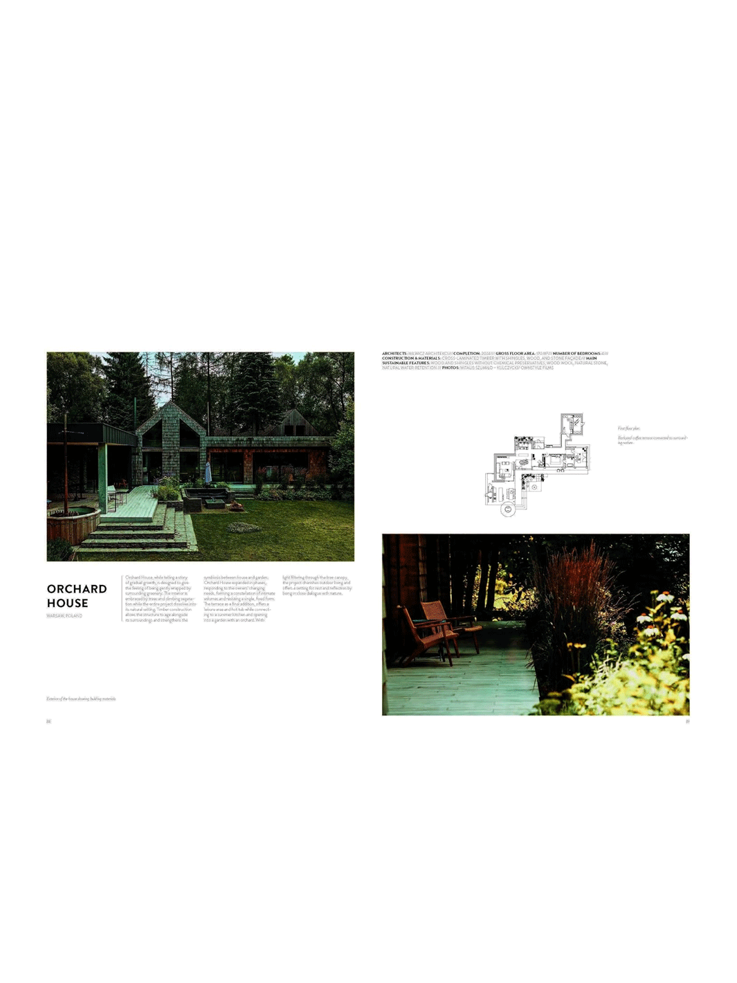 A printed architectural publication spread showing a house photograph, floor plan, and another outdoor scene on a white page | Twentyseven Toronto