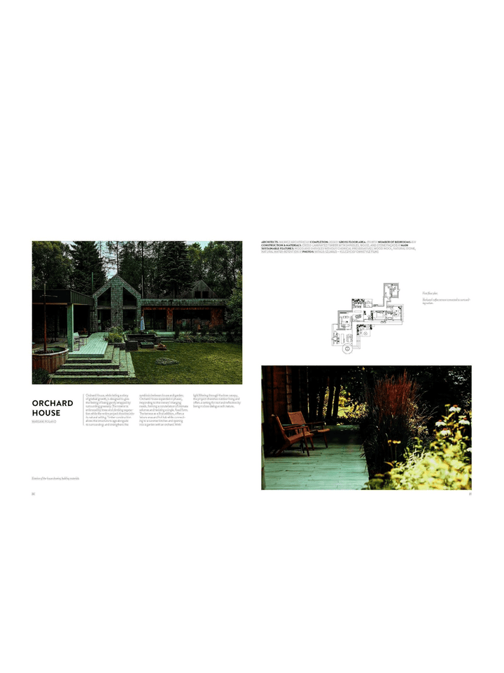 A printed architectural publication spread showing a house photograph, floor plan, and another outdoor scene on a white page | Twentyseven Toronto