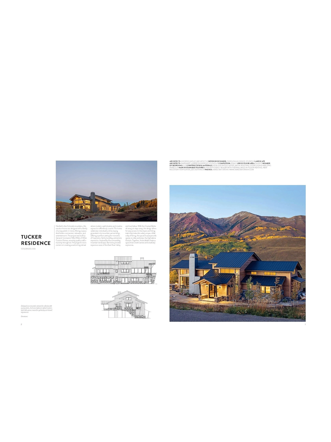 A printed architectural publication page featuring the Tucker Residence, with a large exterior photograph of a modern mountain-style home, two architectural cross-section drawings, and descriptive text on a white page | Twentyseven Toronto