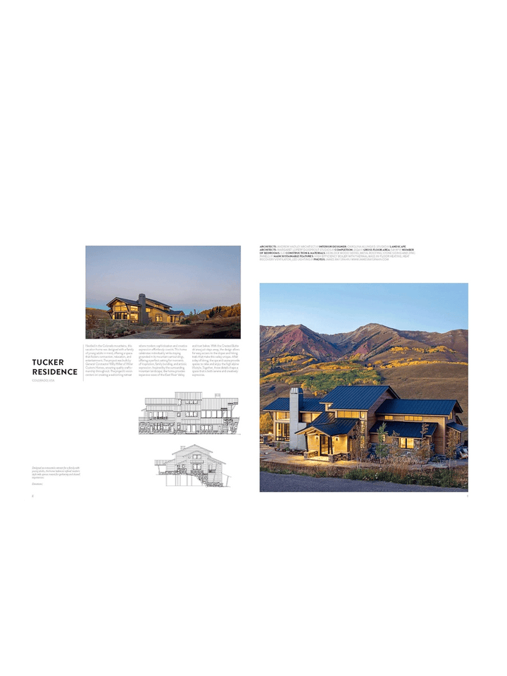 A printed architectural publication page featuring the Tucker Residence, with a large exterior photograph of a modern mountain-style home, two architectural cross-section drawings, and descriptive text on a white page | Twentyseven Toronto