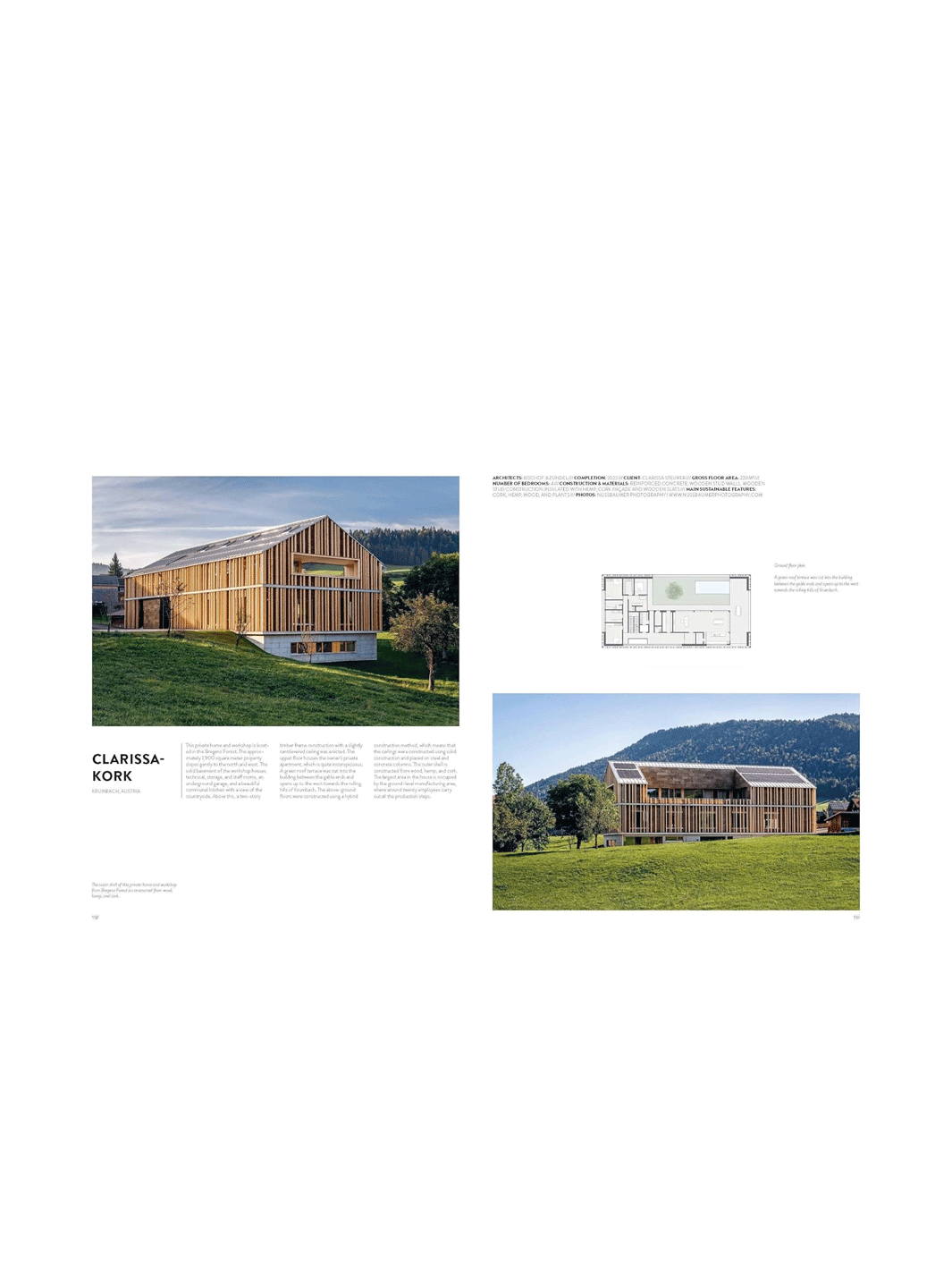 A printed architectural brochure or catalog page showing a wooden house exterior, a floor plan diagram, and a smaller house photo on a white page | Twentyseven Toronto