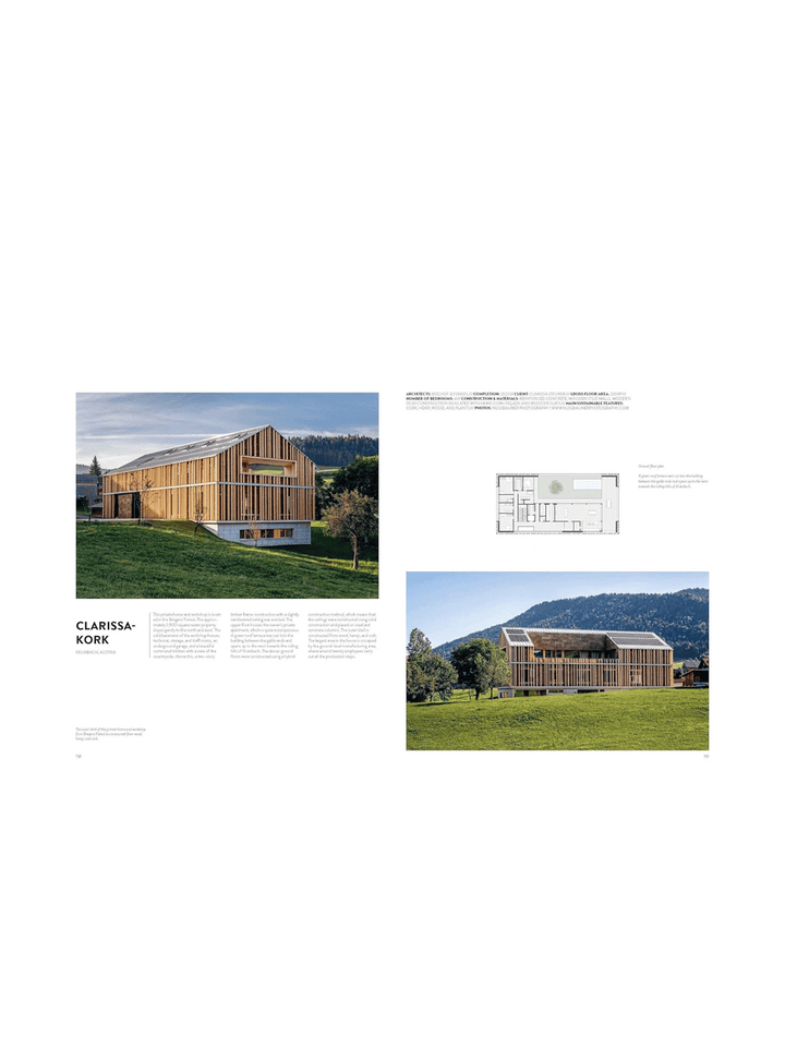 A printed architectural brochure or catalog page showing a wooden house exterior, a floor plan diagram, and a smaller house photo on a white page | Twentyseven Toronto