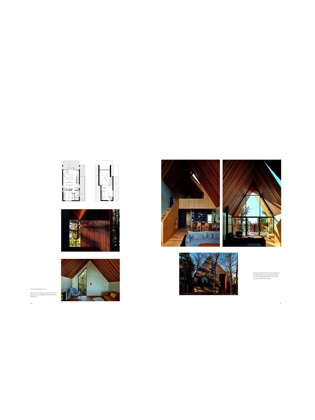 A wide, mostly white page layout featuring several small architectural and interior design photos, two black-and-white floor plans, a window view, and a bedroom scene, with small blocks of text and page numbers | Twentyseven Toronto