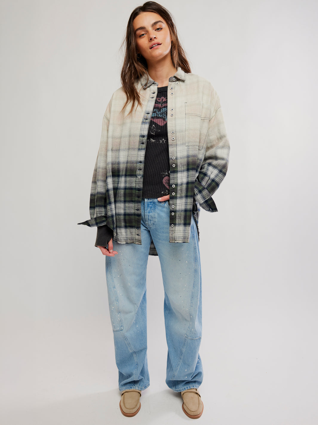 Free People Lexi Plaid Shirt in Forest Green Combo styled open over a black top with light-wash jeans | Twentyseven Toronto