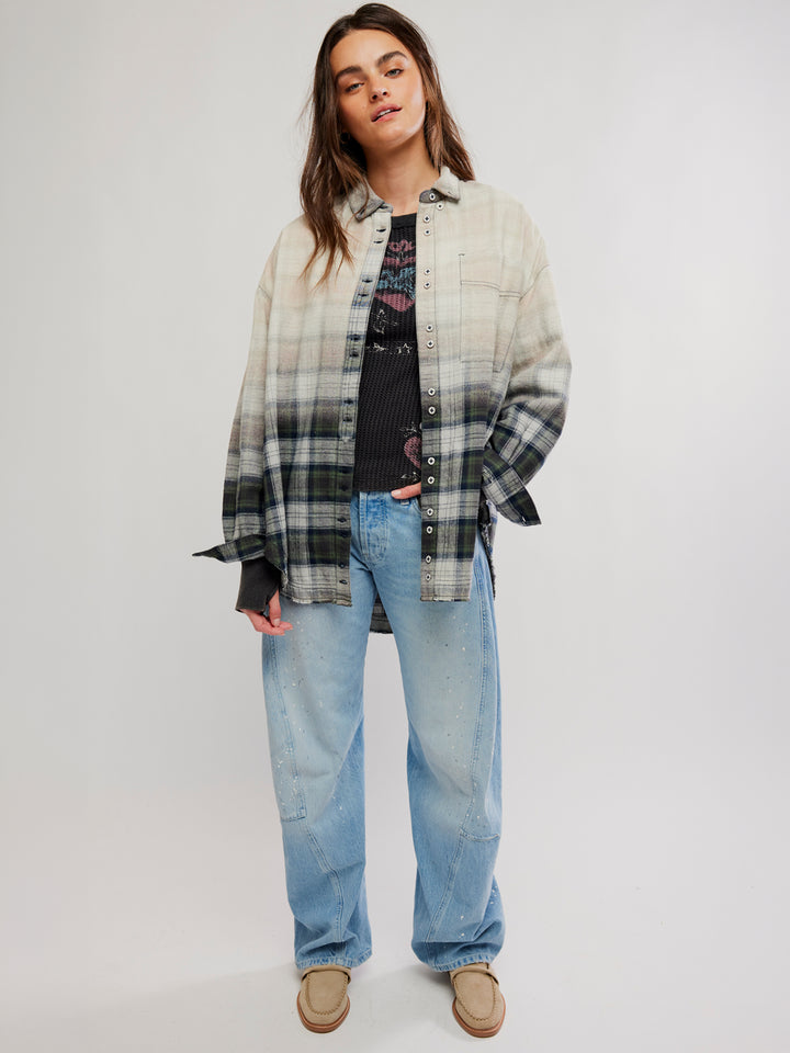 Free People Lexi Plaid Shirt in Forest Green Combo styled open over a black top with light-wash jeans | Twentyseven Toronto