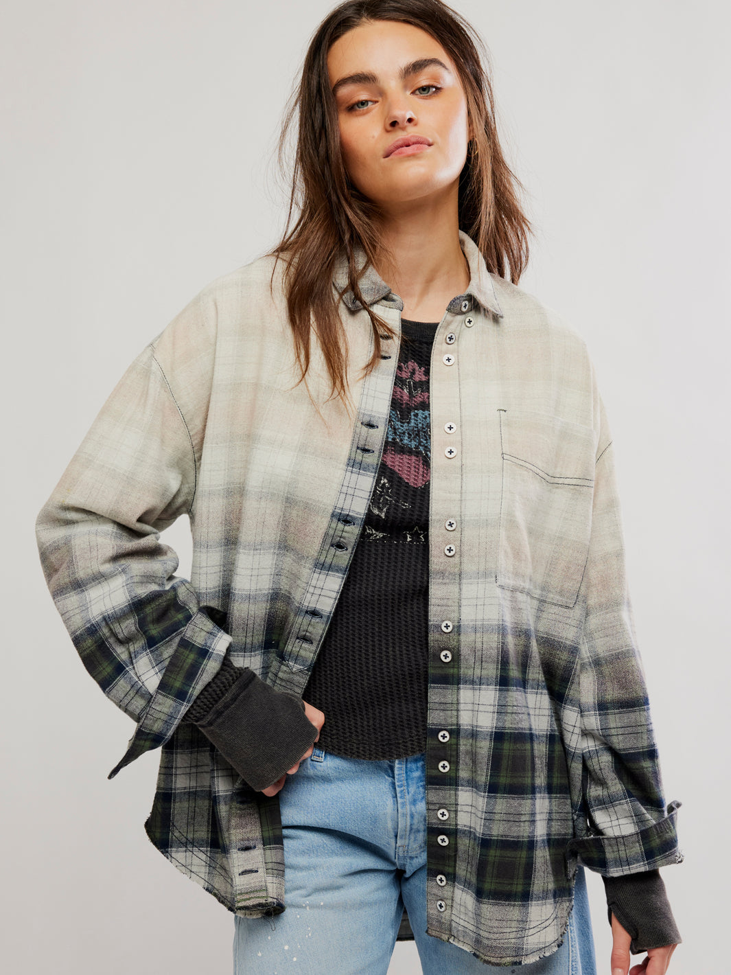 Free People Lexi Plaid Shirt in Forest Green Combo with an oversized fit, button front and chest pocket | Twentyseven Toronto