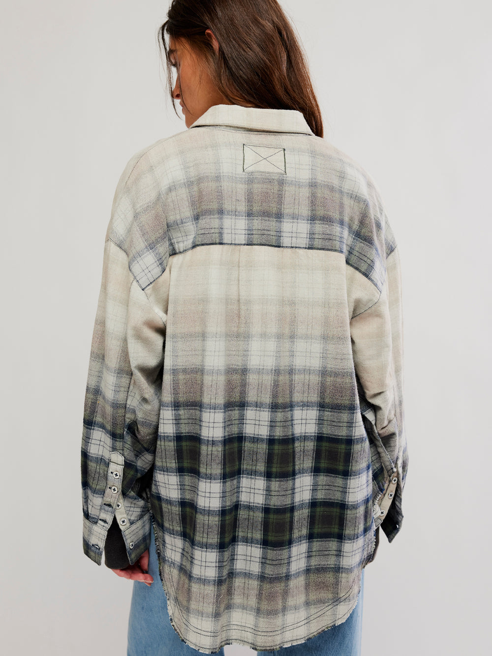 Back view of the Free People Lexi Plaid Shirt in Forest Green Combo featuring an oversized fit and plaid yoke detail | Twentyseven Toronto