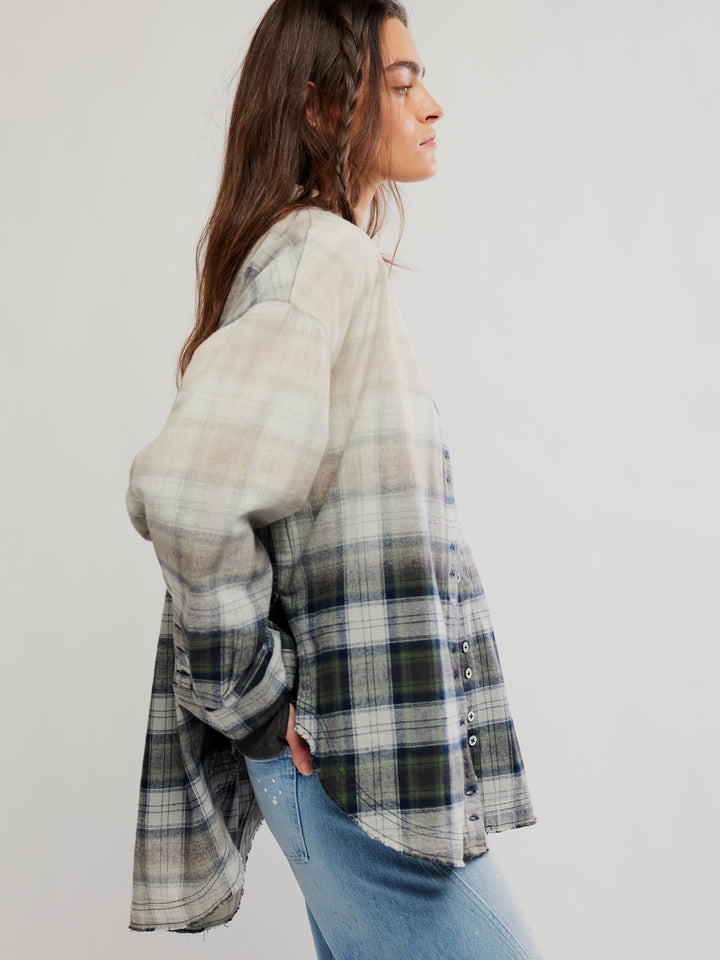 Side view of the Free People Lexi Plaid Shirt in Forest Green Combo showing its relaxed oversized silhouette and high-low hem | Twentyseven Toronto