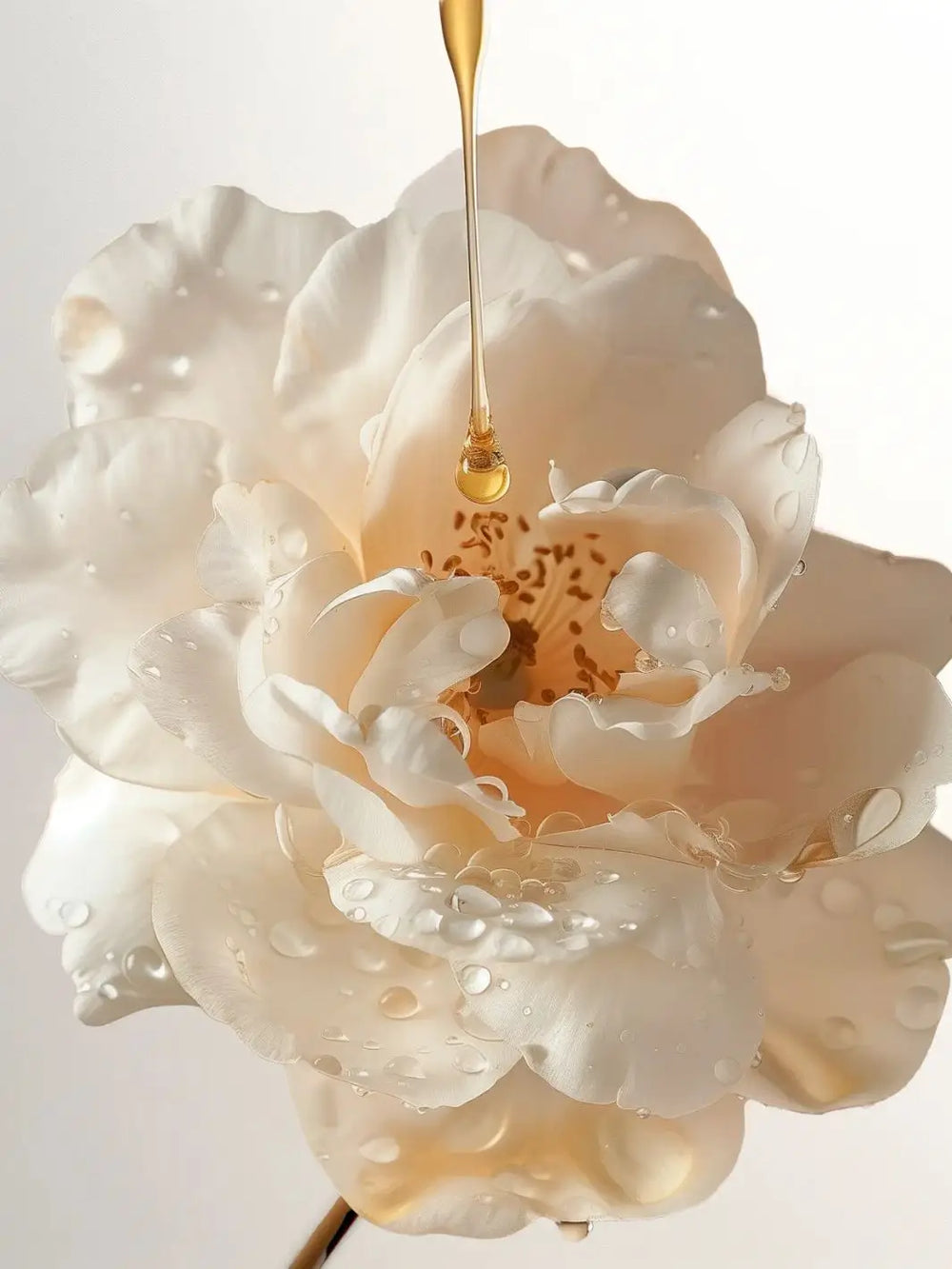 White flower with a droplet of 'L’Huile de Leonor Greyl' gold liquid on a neutral background | Twentyseven Toronto
