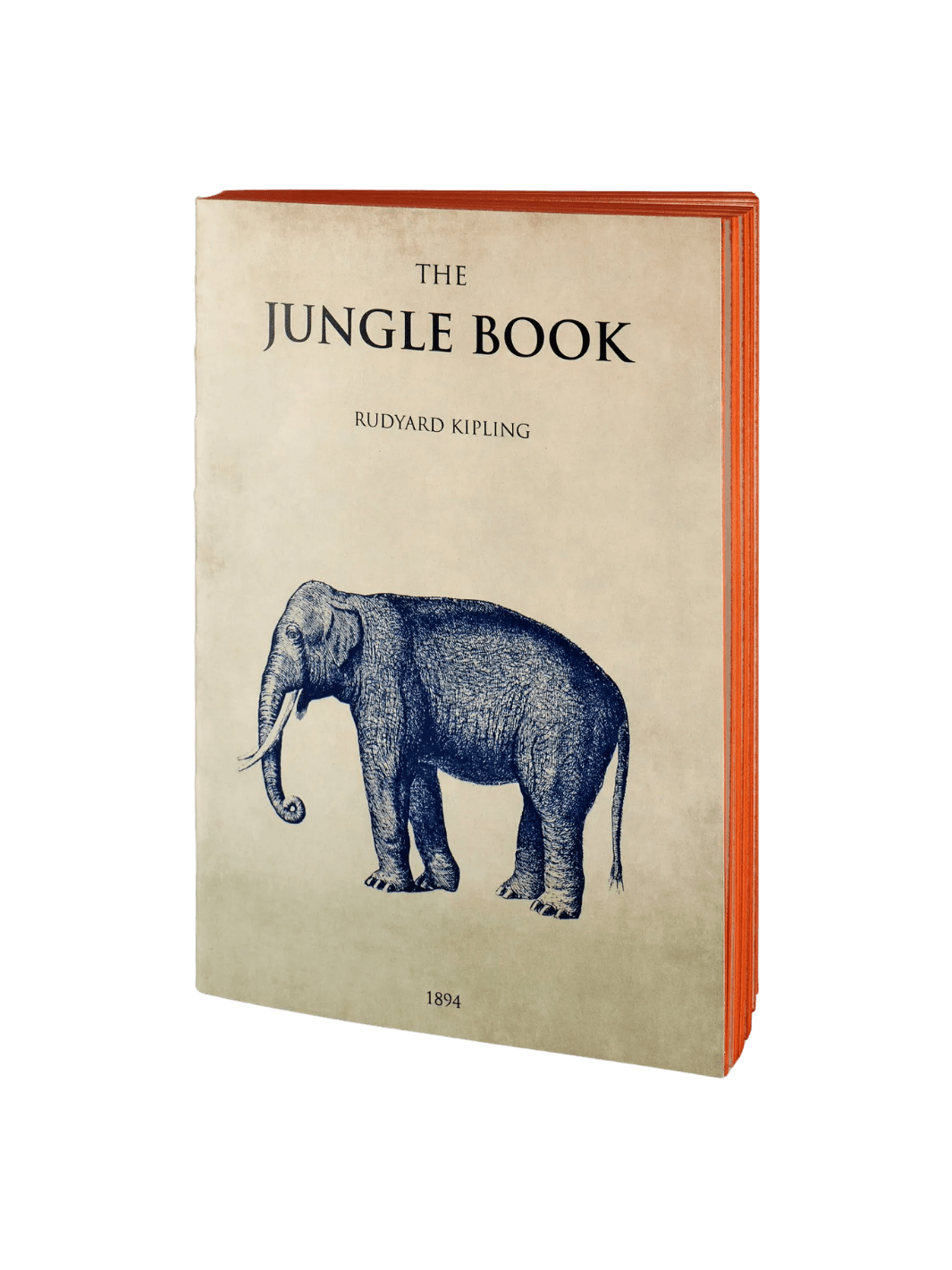 The cream-colored front cover The Jungle Book notebook from the Slow Design Libri Muti collection features the title and author printed above a detailed blue illustration of an elephant, revealing vibrant orange hand-painted page edges | Twentyseven Toronto