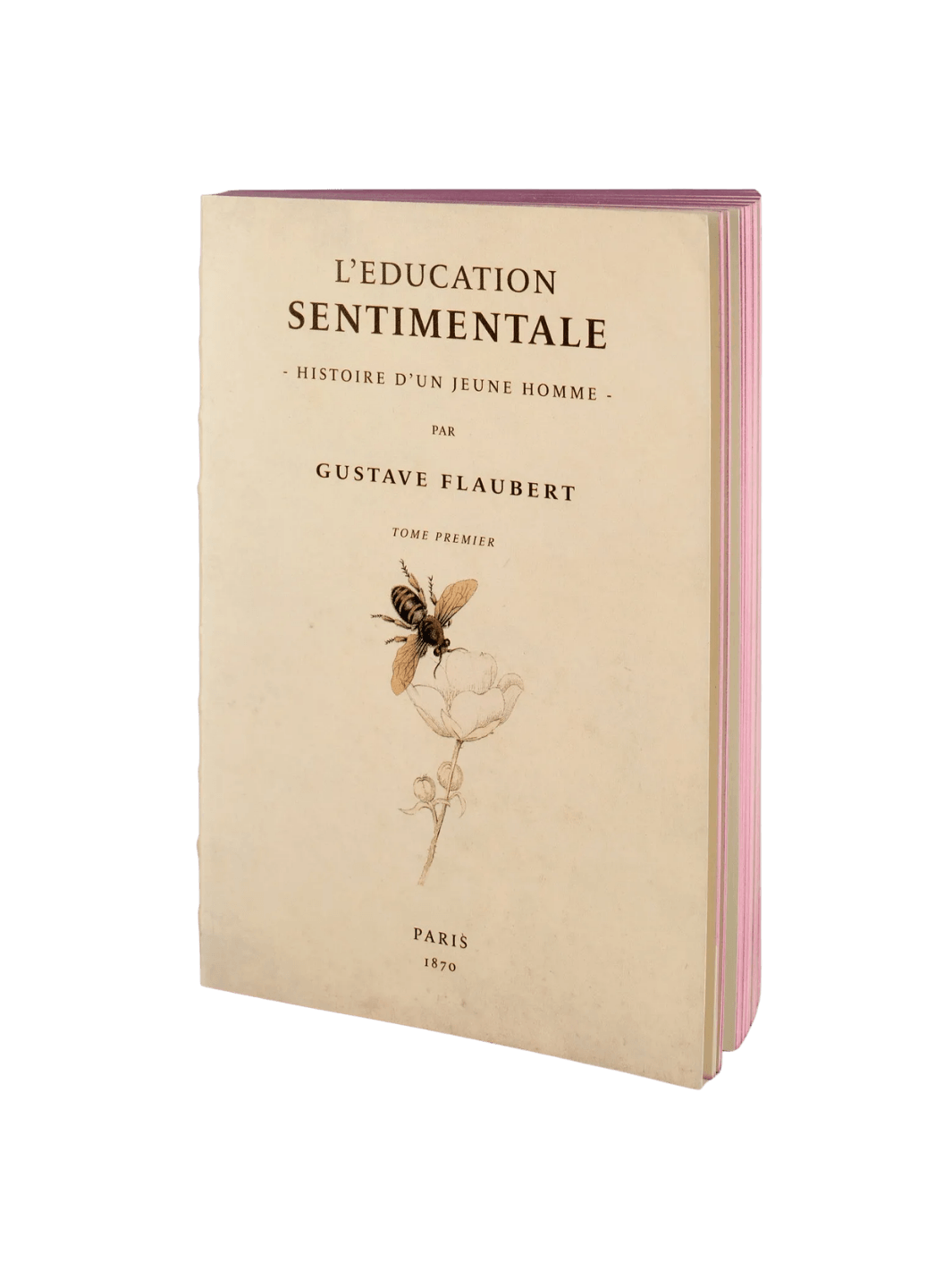 The front cover of a cream notebook from the L’Education Sentimentale from the Slow Design Libri Muti collection features the title by Gustave Flaubert above an illustration of a bee on a flower, framed by bright pink page edges | Twentyseven Toronto