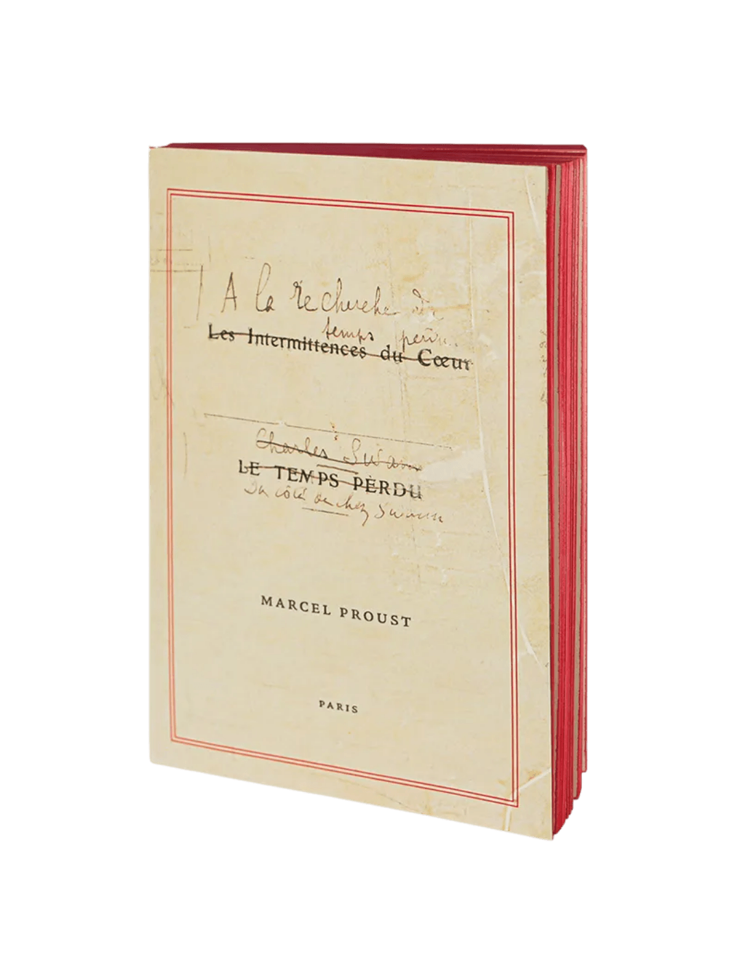 Notebook titled 'À la Recherche du Temps Perdu' by Marcel Proust from the Slow Design Libri Muti collection with red binding on a transparent background | Twentyseven Toronto