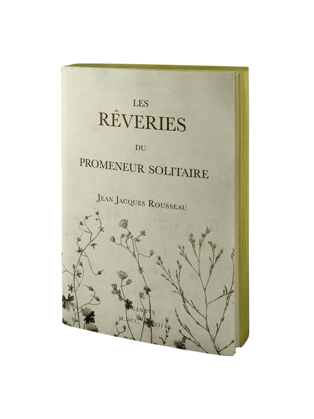 The front cover of a cream-colored notebook from the Les Reveries from the Slow Design Libri Muti collection features the title "LES RÊVERIES DU PROMENEUR SOLITAIRE" by Jean Jacques Rousseau, adorned with delicate botanical illustrations on the bottom | Twentyseven Toronto