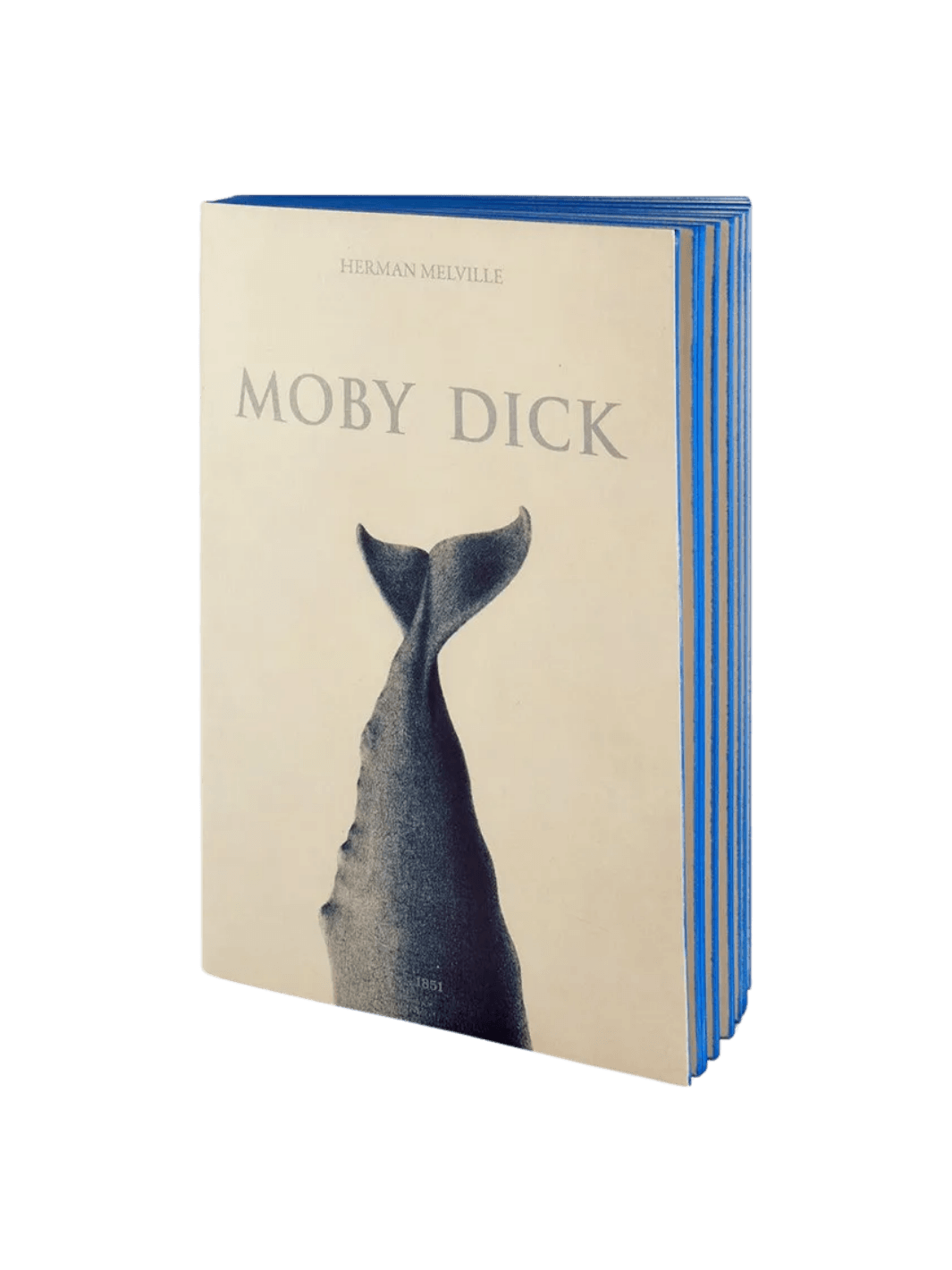 The cream-colored front cover of a Moby Dick inspired notebook from the Slow Design Libri Muti collection features an illustration of a whale's tail and vibrant blue hand-painted page edges | Twentyseven Toronto